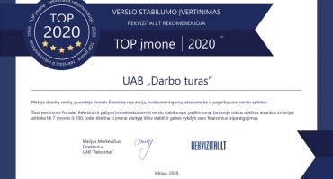 UAB DARBO TURAS pelnė stabilaus verslo įvertinimą